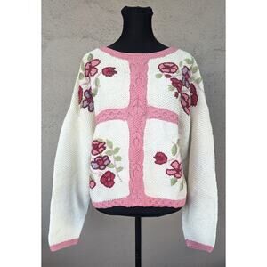 💜Handmade Embroidered Floral Cotton Sweater – Ivory & Pink Knit | M